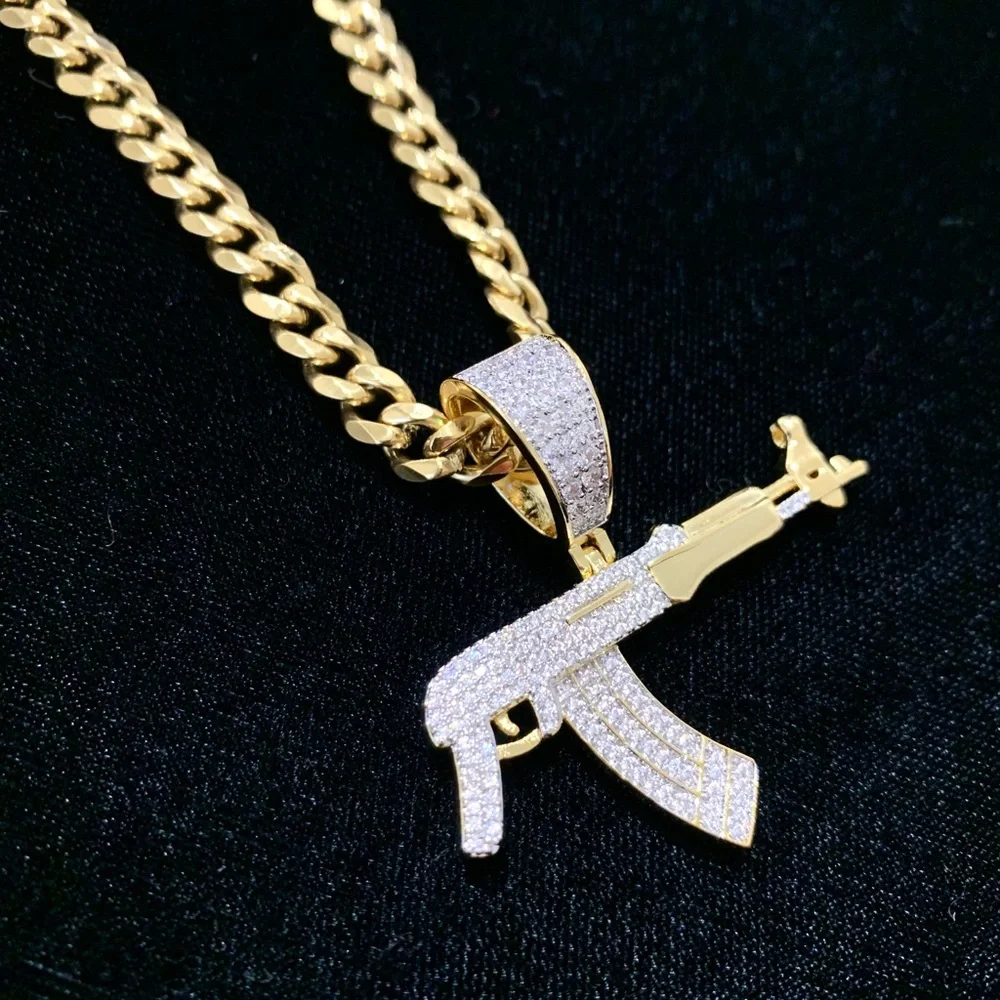NEW 18K GOLD CUBAN LINK CHAIN AK 47 CHARM LAB DIAMONDS ITALY *LIFETIME WARRANTY*